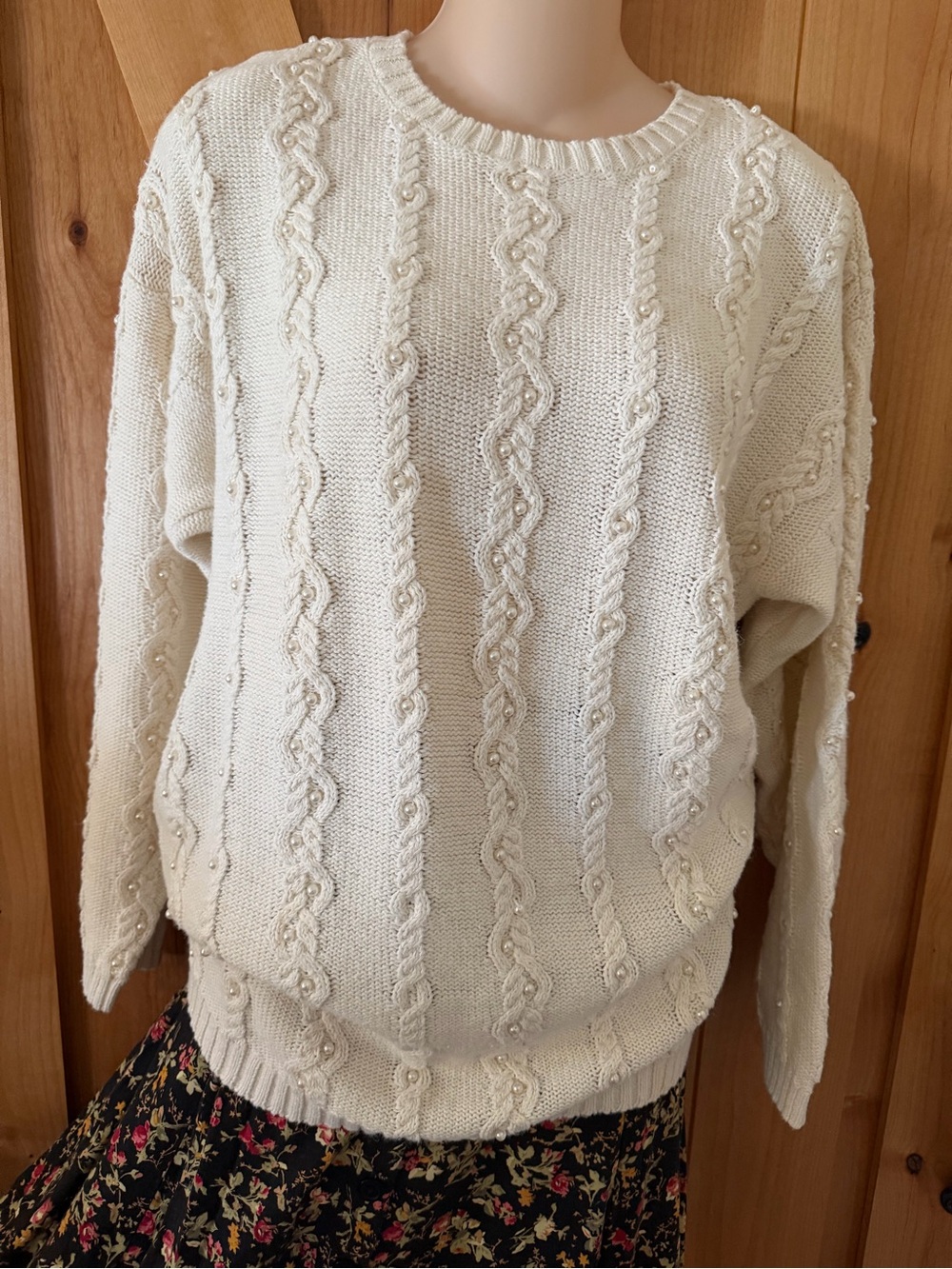 VTG 90s Leslie Fay Pearl Cable Knit Ramie Cotton Oversized Sweater Cottagecore S - Picture 7 of 15